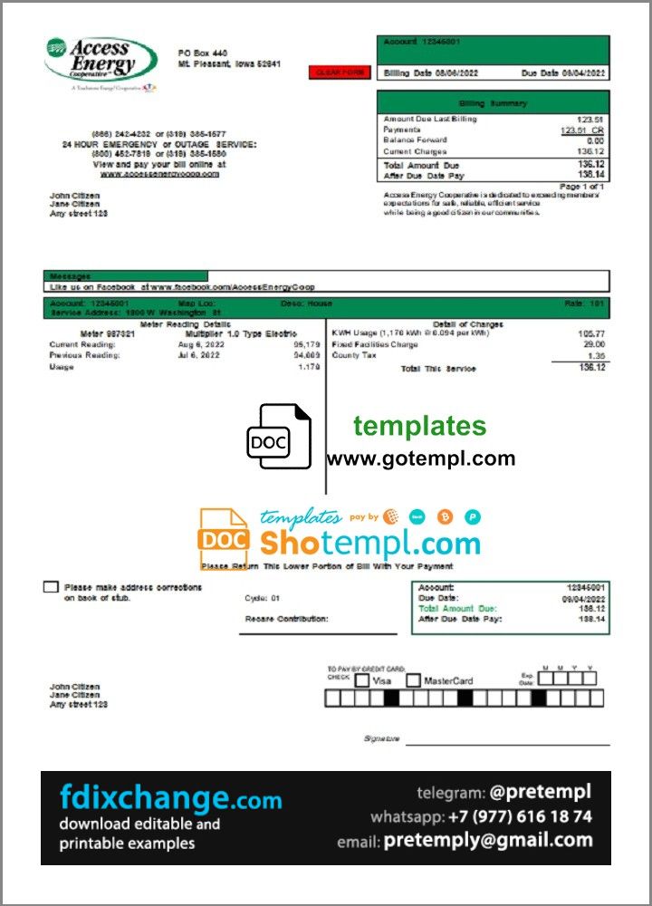 download USA Iowa Access Energy Cooperative utility bill template free fonts