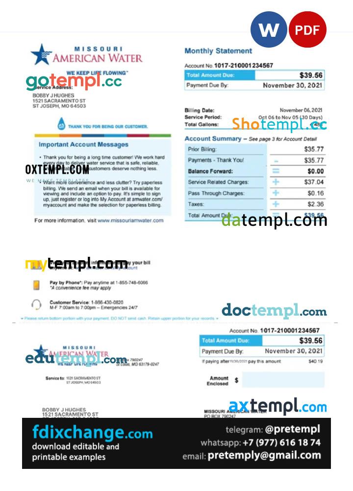 download USA MISSOURI AMERICAN WATER utility bill template free fonts