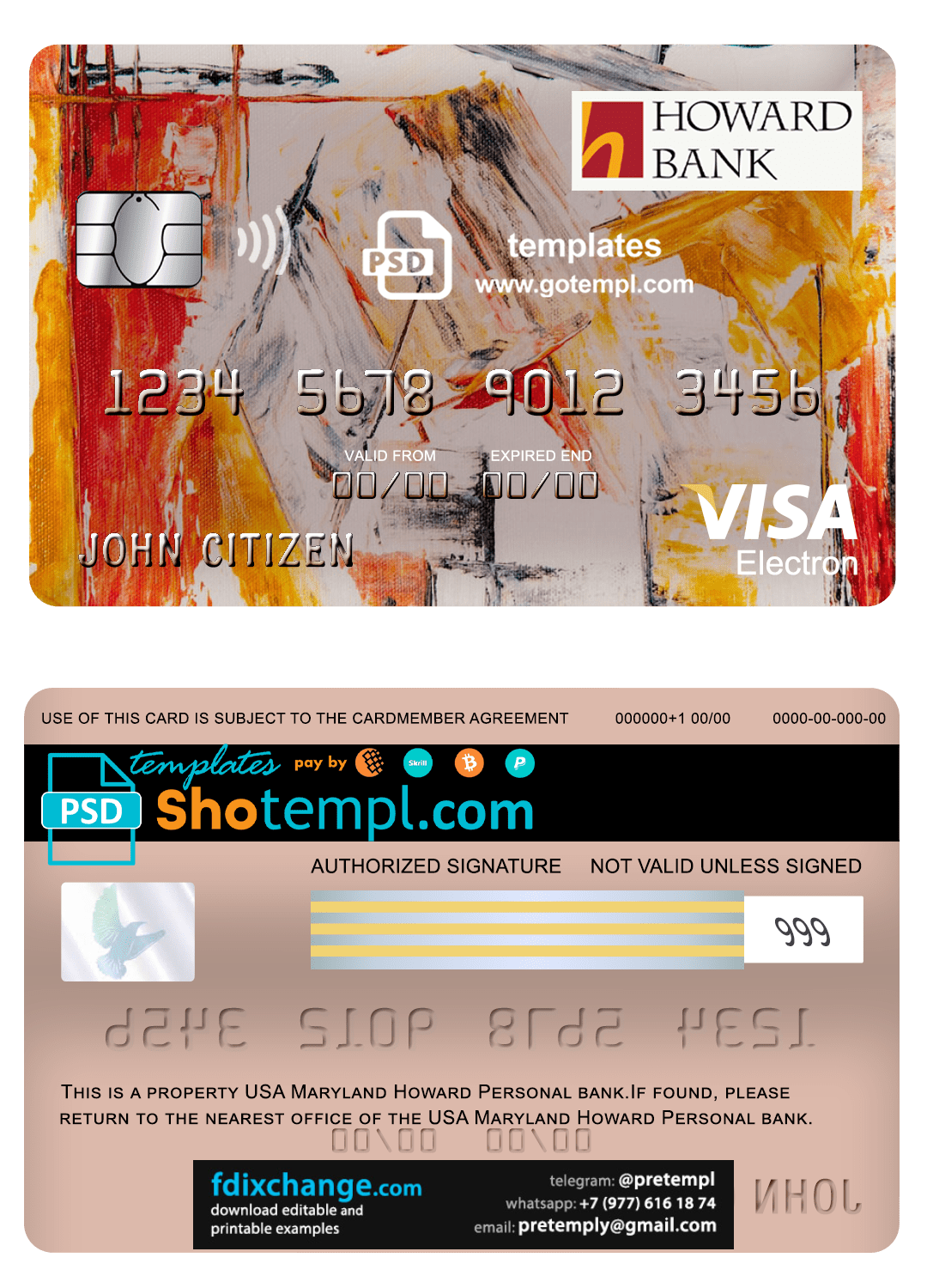 download USA Maryland Howard Personal bank visa electron card fully editable template free fonts