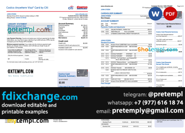 download USA Costco Anywhere Visa Card by Citi bank statement, template free fonts, 4 pages - Image 2