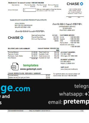 download USA Chase bank Mastercard card statement easy to fill template free fonts