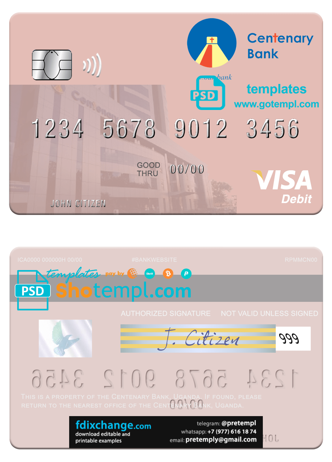 download Uganda Centenary Bank visa debit card template free fonts