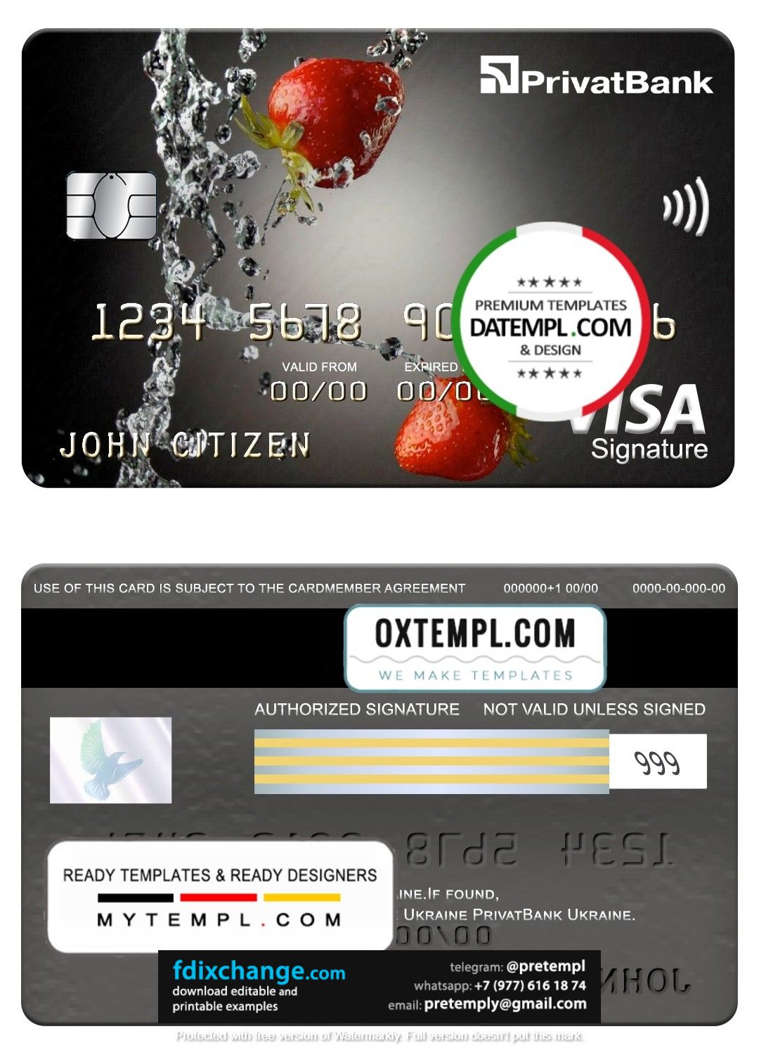download Ukraine PrivatBank visa signature card, fully editable template free fonts