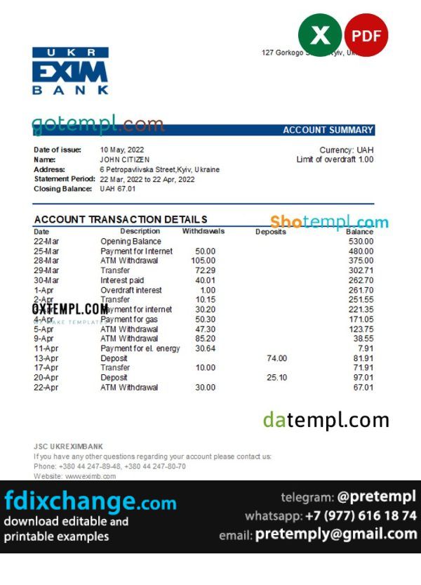 download Ukraine Ukreximbank bank statement, template free fonts