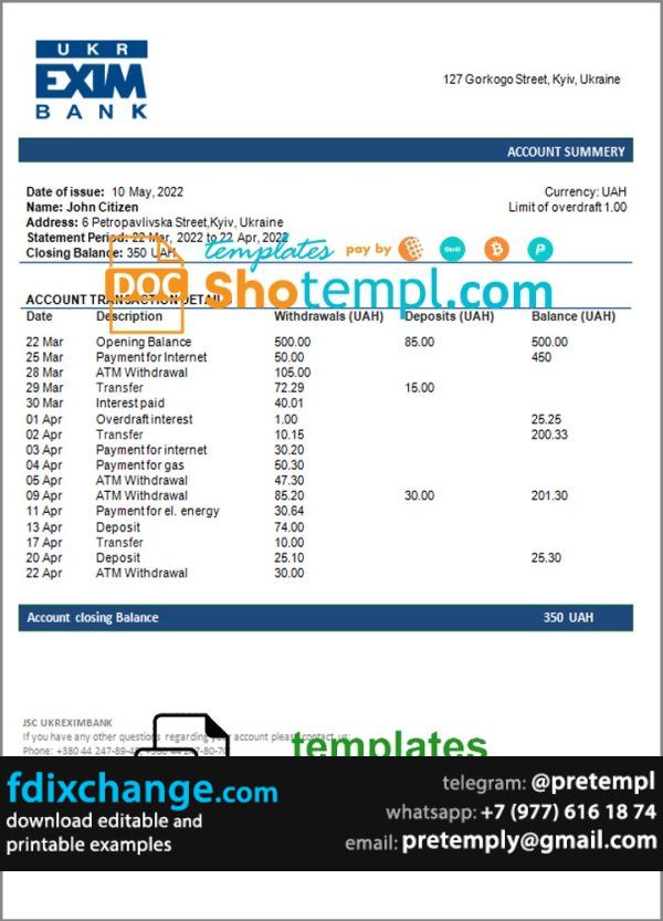 download Ukraine Ukreximbank Bank statement template free fonts