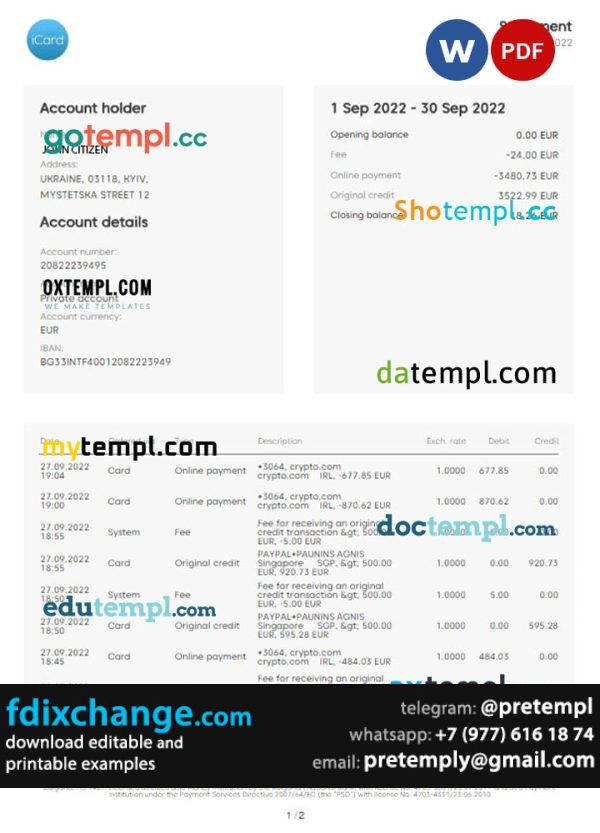 download UKRAINE ICARD bank statement template free fonts