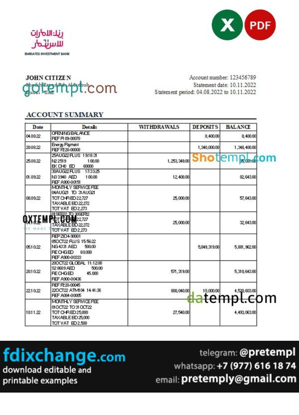 download UAE Emirates Investment Bank statement, template free fonts