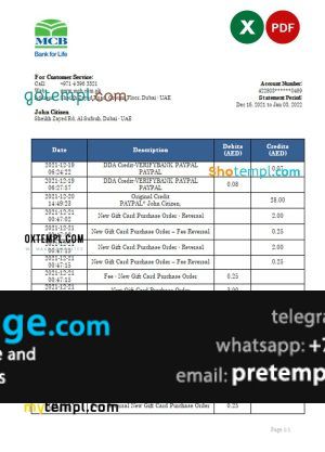 download UAE MCB bank statement, template free fonts