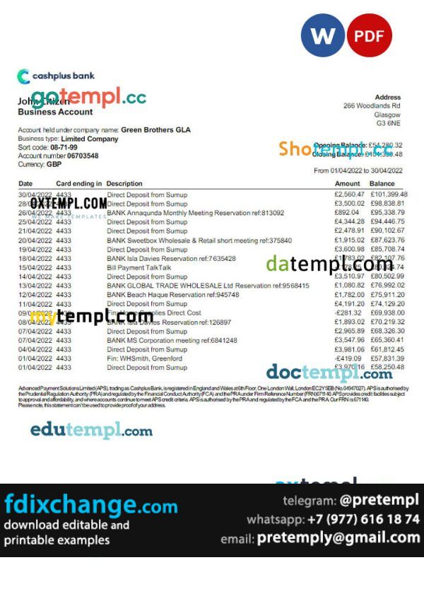 download UNITED KINGDOM CASHPLUS bank statement template free fonts