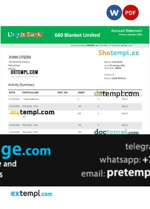 download United Kingdom Lloyds Bank statement template free fonts, version 2