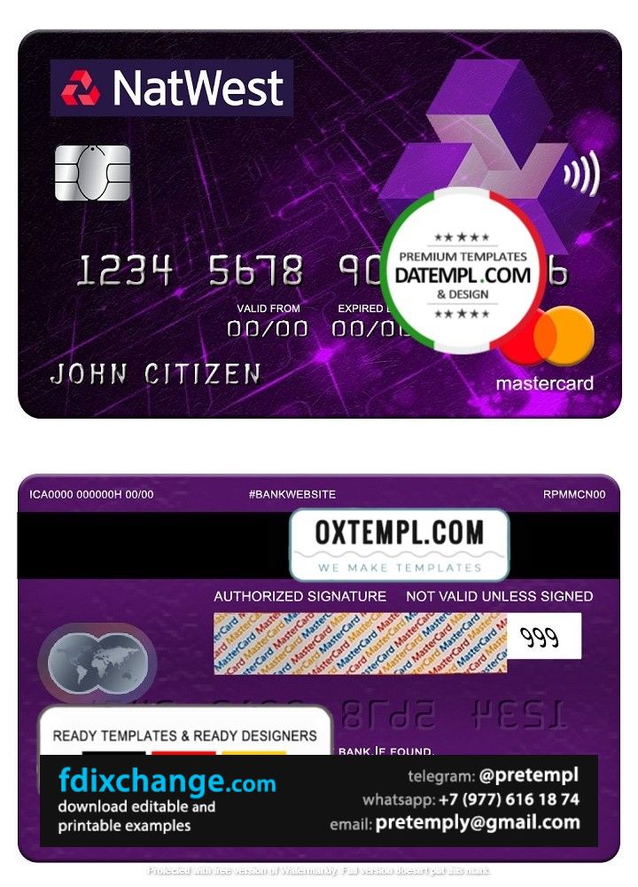 download United Kingdom NatWest bank mastercard, fully editable template free fonts