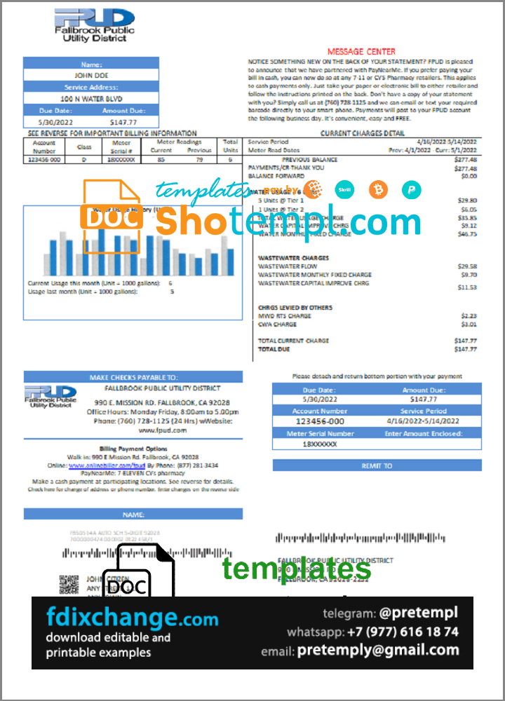 download USA Fallbrook Public utility bill template free fonts