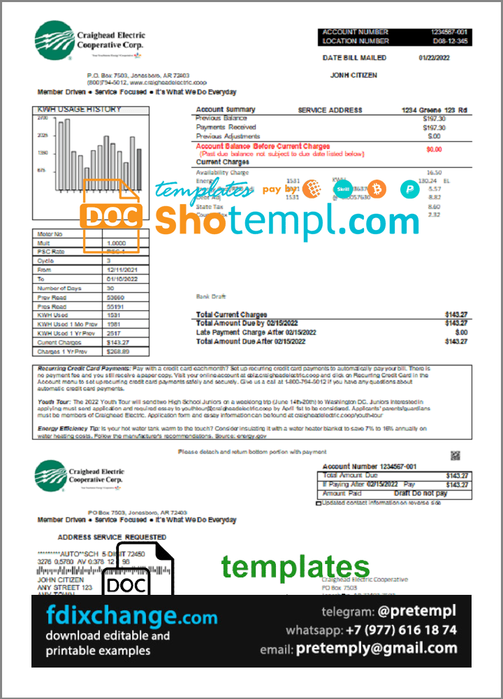 download USA Craighead Electric utility bill template free fonts
