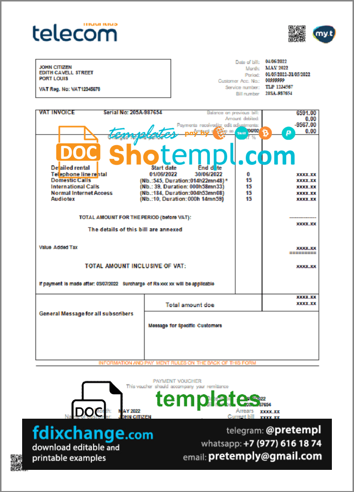 download Mauritius Telecom Mauritius utility bill template free fonts