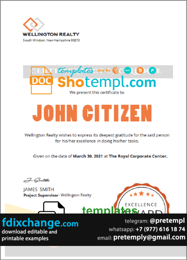 download USA Excellence certificate template free fonts, version 2