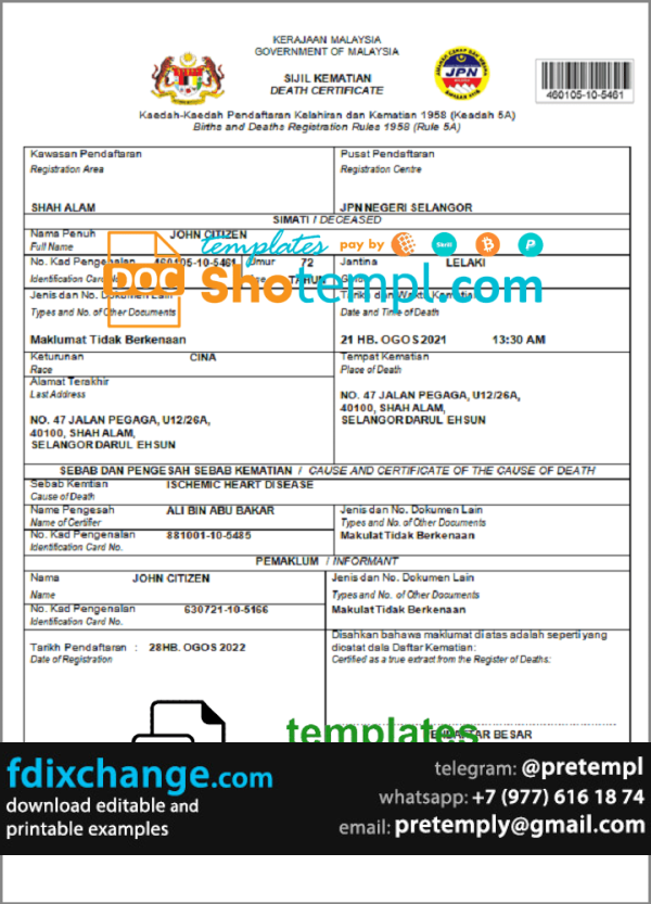 download Malaysia death certificate template free fonts