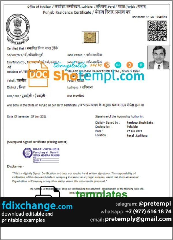 download India Government of Punjab Residence Certificate template free fonts