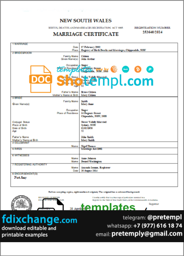 download Australia New South Wales marriage certificate template free fonts