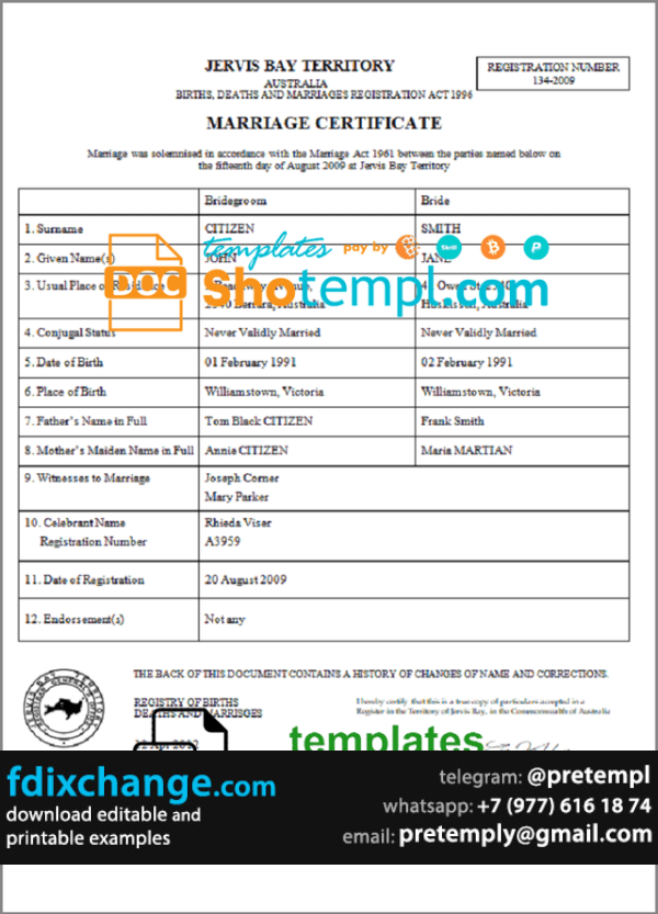 download Australia Jervis Bay Territory marriage certificate template free fonts