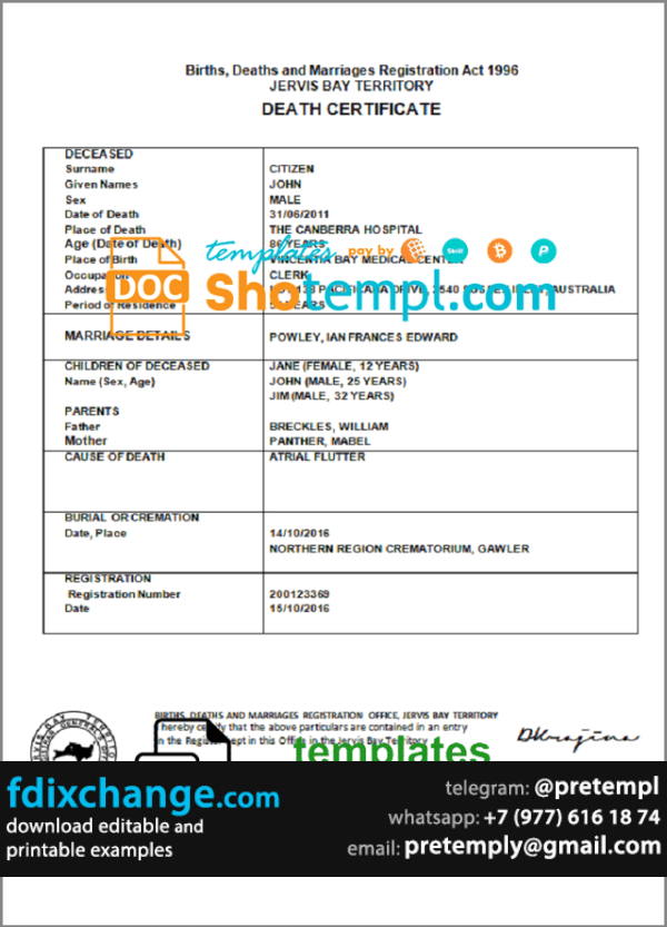 download Australia Jervis Bay Territory death certificate template free fonts