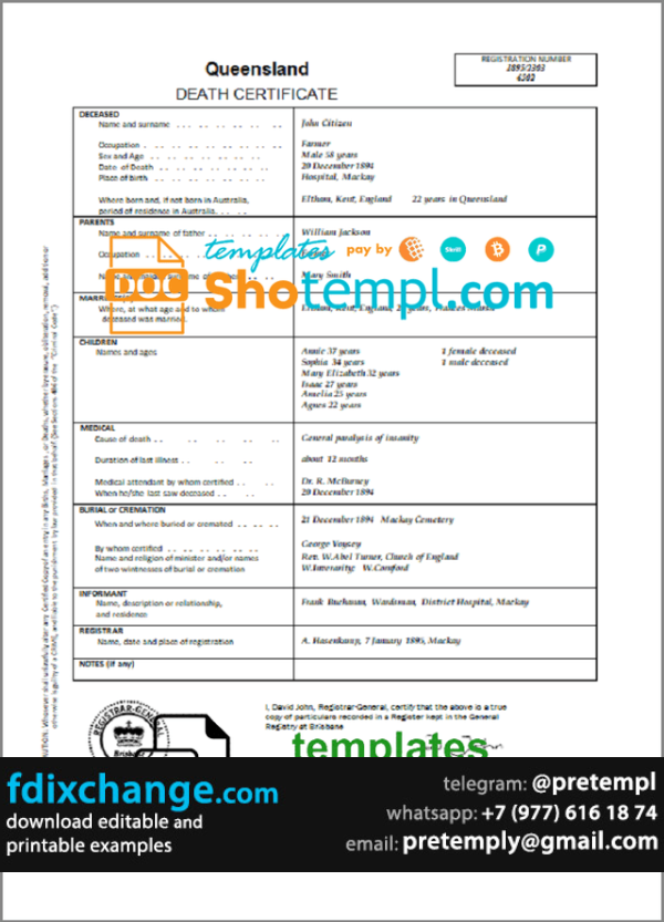 download Australia Queensland death certificate template free fonts