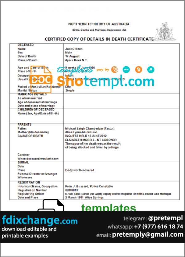 download Australia Northern Territory of Australia death certificate template free fonts