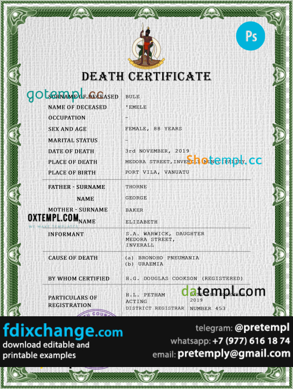 download Vanuatu vital record death certificate template free fonts, completely editable