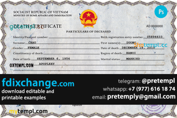 download Vietnam death certificate template free fonts, completely editable