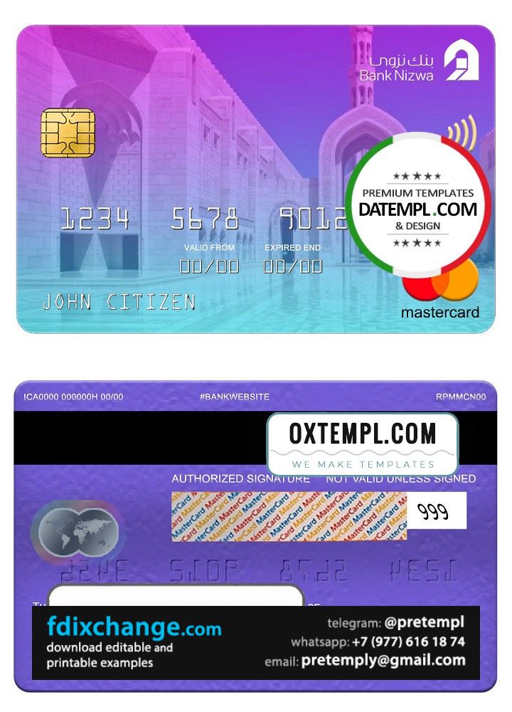 download Oman bank Nizwa mastercard, fully editable template free fonts