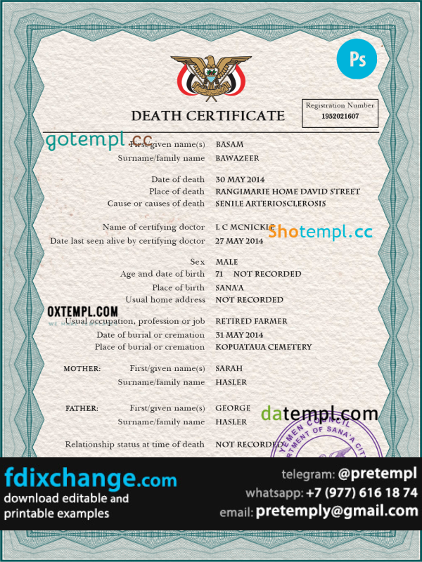 download Yemen vital record death certificate template free fonts
