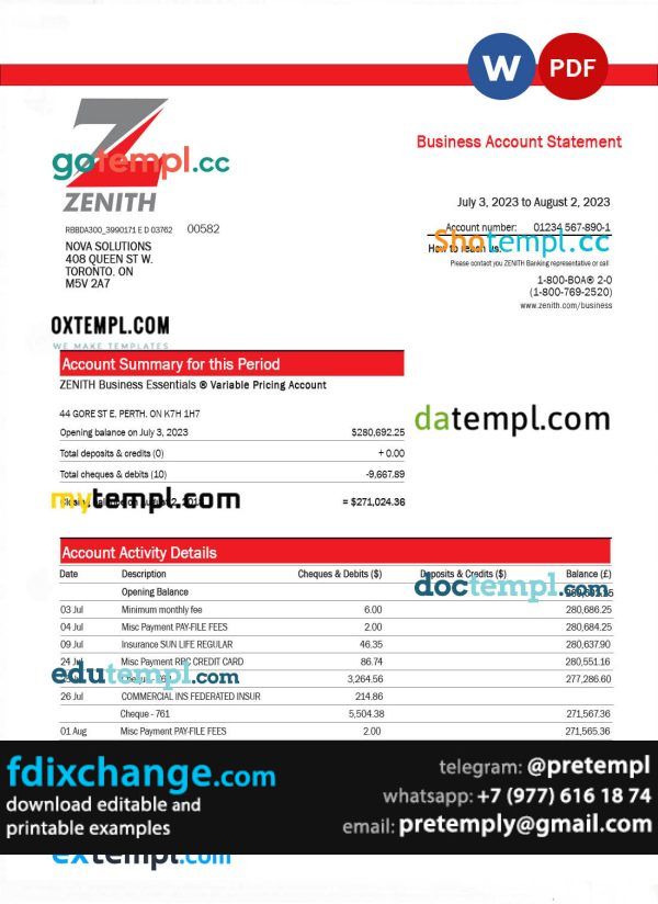 download Zenith Bank business checking account statement template free fonts