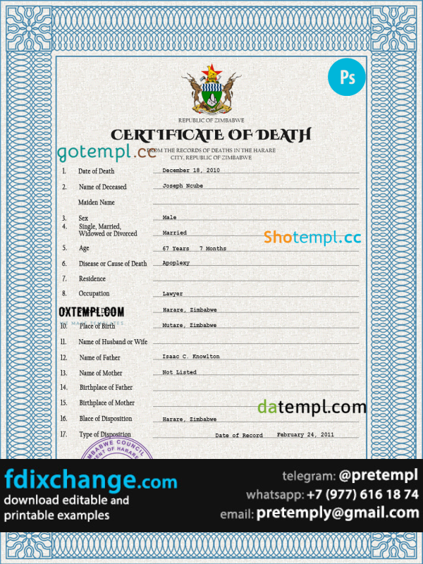 download Zimbabwe death certificate template free fonts, completely editable