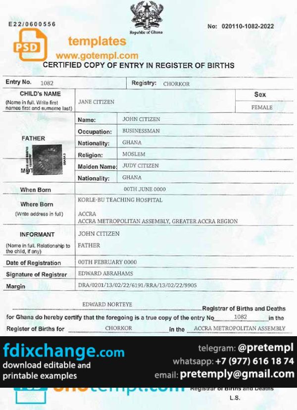download Ghana birth certificate template free fonts, fully editable