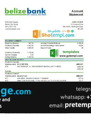 download Belize Belizebank bank statement easy to fill template free fonts