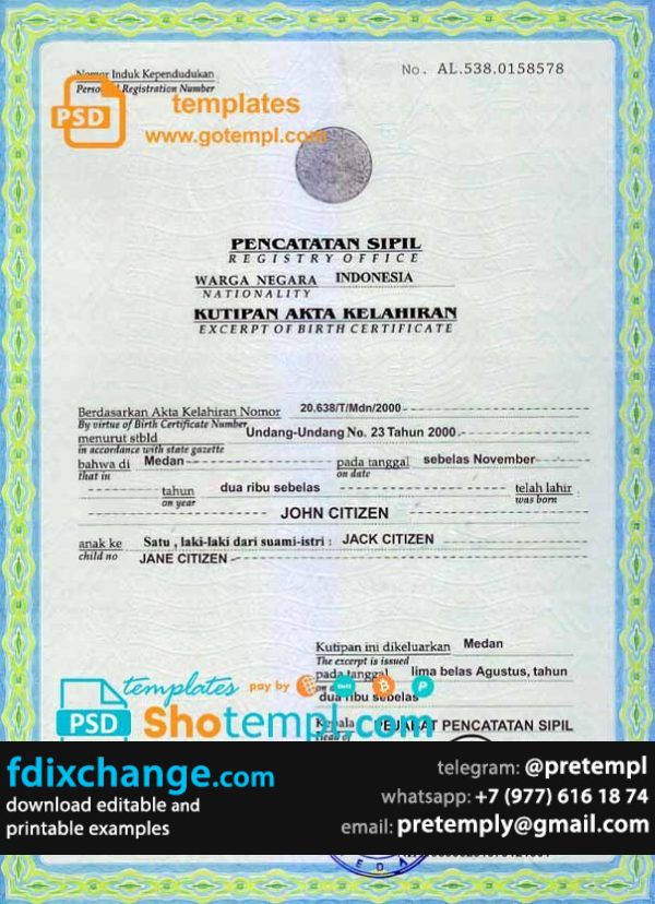 download Indonesia birth certificate template free fonts, fully editable