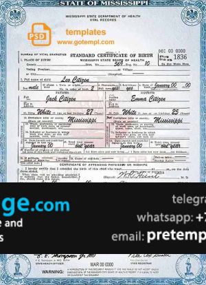 download USA Mississippi state birth certificate template free fonts, fully editable