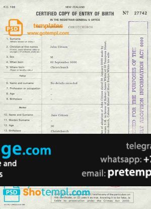 download New Zealand birth certificate template free fonts, fully editable