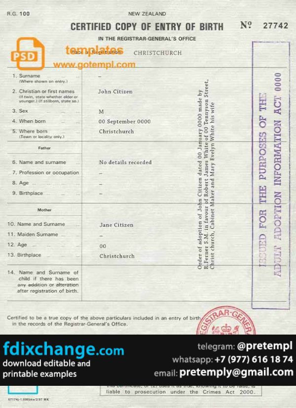 download New Zealand birth certificate template free fonts, fully editable