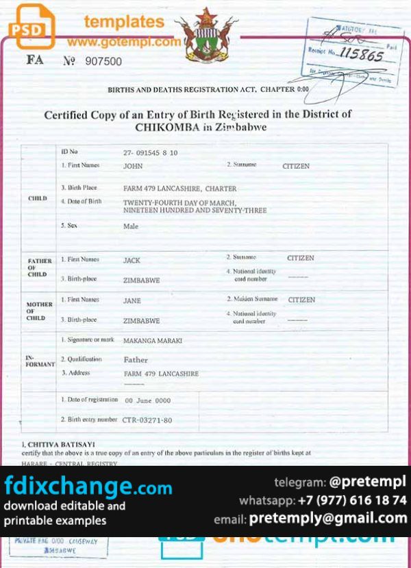 download Zimbabwe birth certificate template free fonts, fully editable