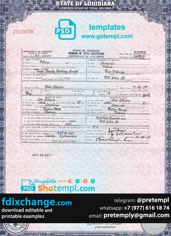 download USA Louisiana state birth certificate template free fonts, fully editable