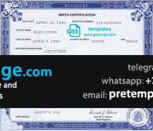 download USA Missouri state birth certificate template free fonts, fully editable