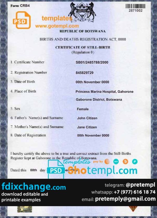 download Botswana birth certificate template free fonts, fully editable