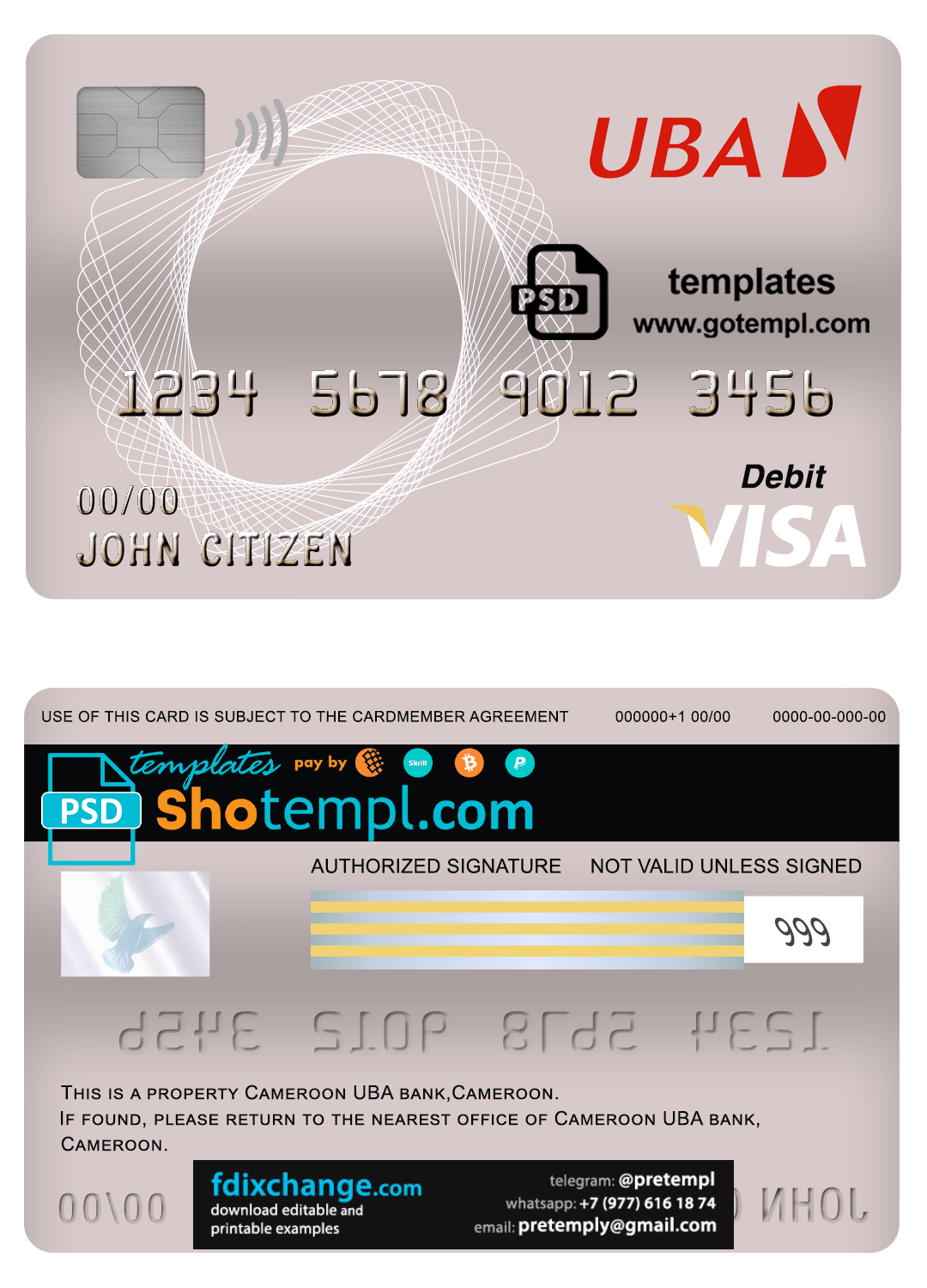 download Cameroon UBA bank visa card debit card template free fonts, fully editable
