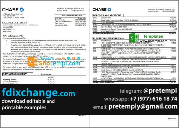 download USA JP Morgan Chase bank statement template free fonts, 2 pages
