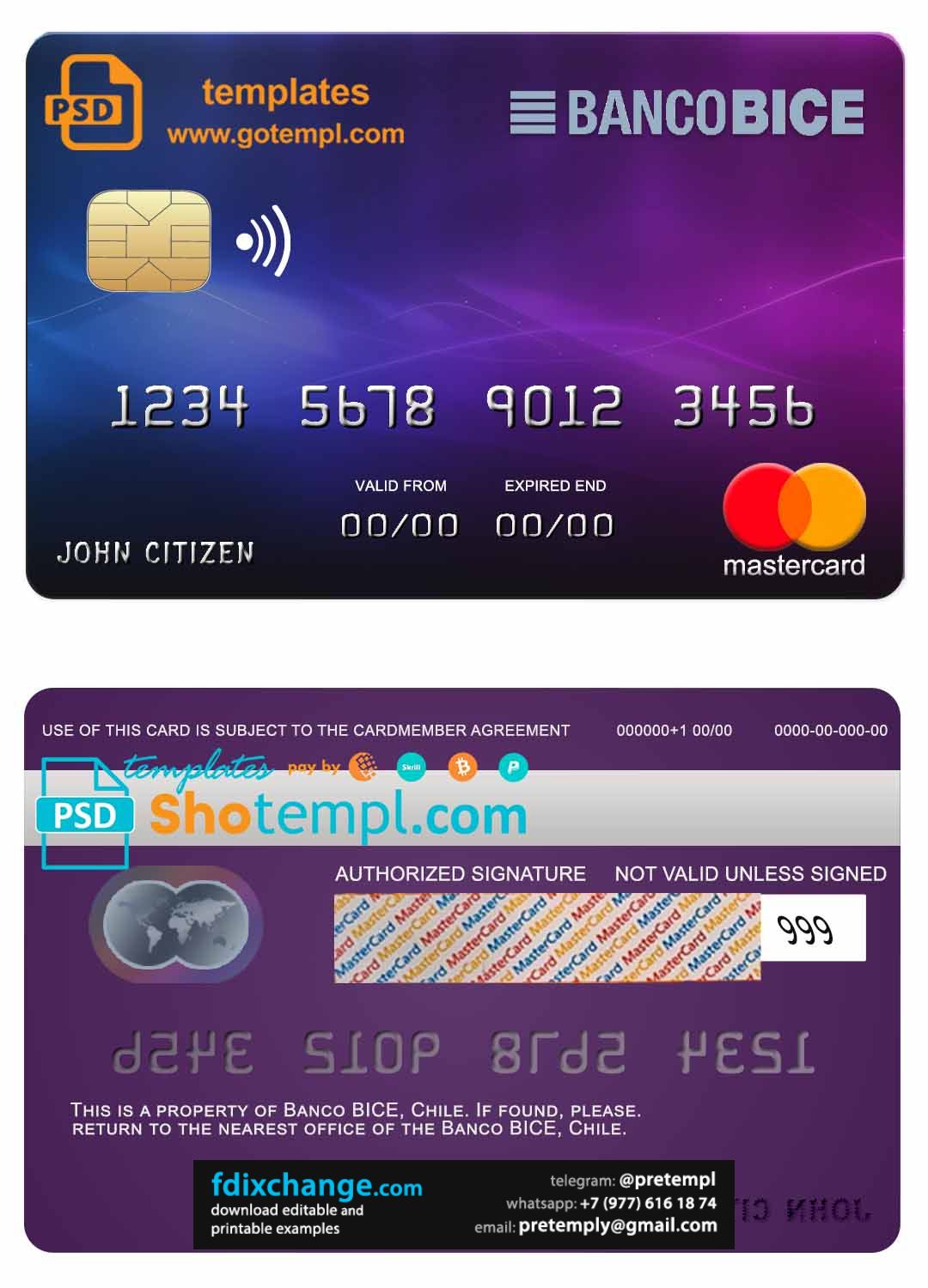download Chile BICE bank mastercard credit card template free fonts, fully editable