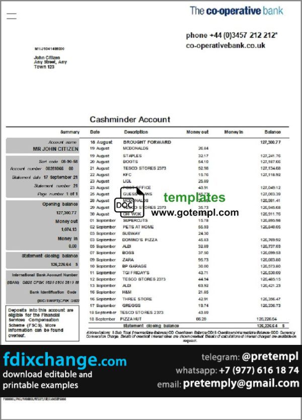 download United Kingdom The Co-operative bank statement template free fonts