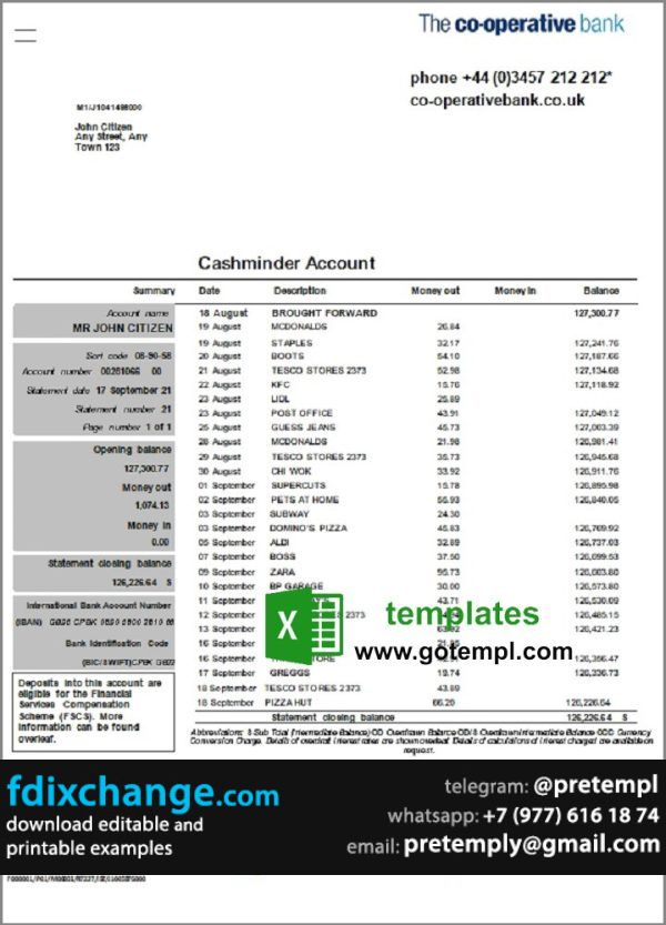 download United Kingdom The Co-operative bank statement template free fonts