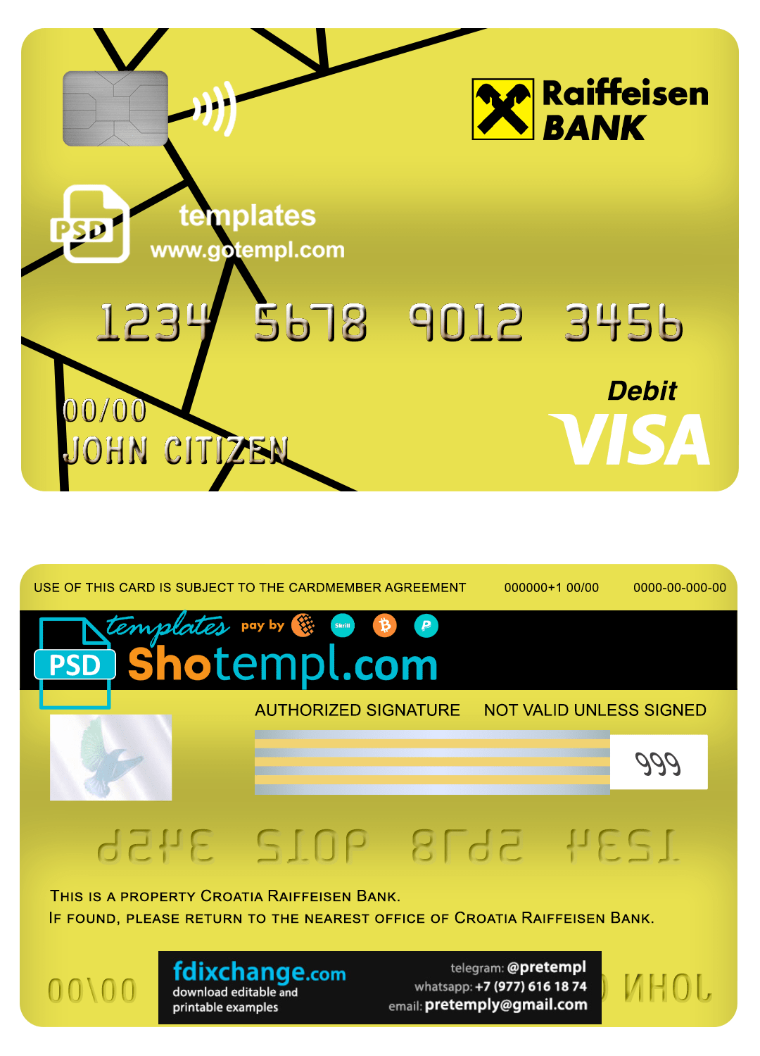 download Croatia Raiffeisen bank visa card debit card template free fonts, fully editable