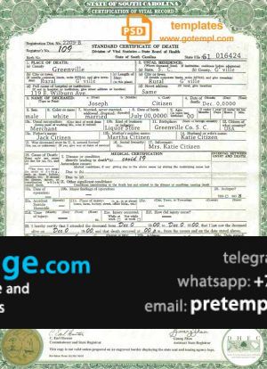 download USA South Carolina state death certificate template free fonts, fully editable