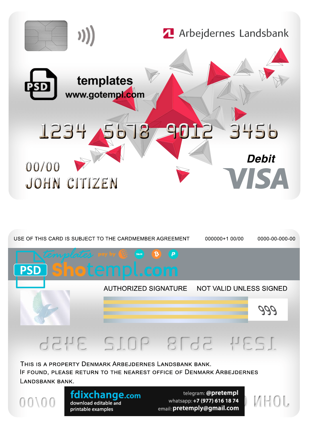 download Denmark Arbejdernes Landsbank visa card debit card template free fonts, fully editable